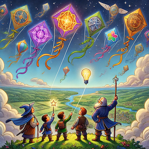 Wizard and grandkids casting kites into the starry night sky over a valley with a river